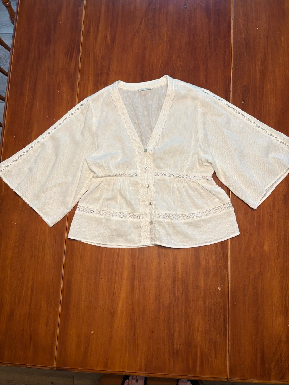 Zara Cream Button-Front Lace Trim Blouse